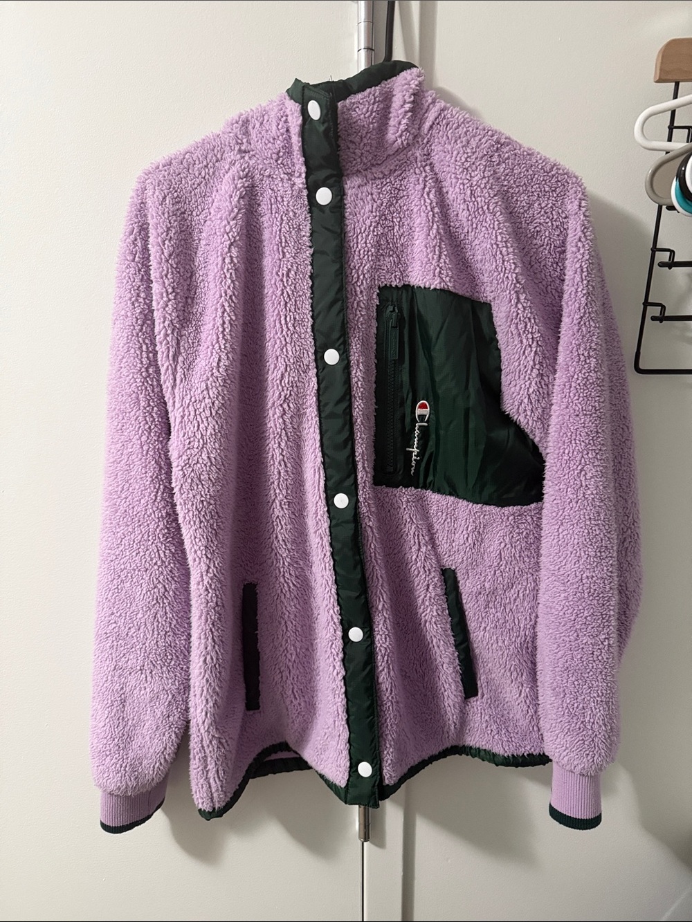 Champion Lavender Sherpa Jacket with Dark Green Trim